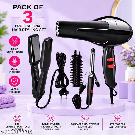 Combo Offer 3-IN-1 Styling Kit For Women | Quick Drying | Smooth Straightening | Long Lasting Curles | Smooth Comb | TT6